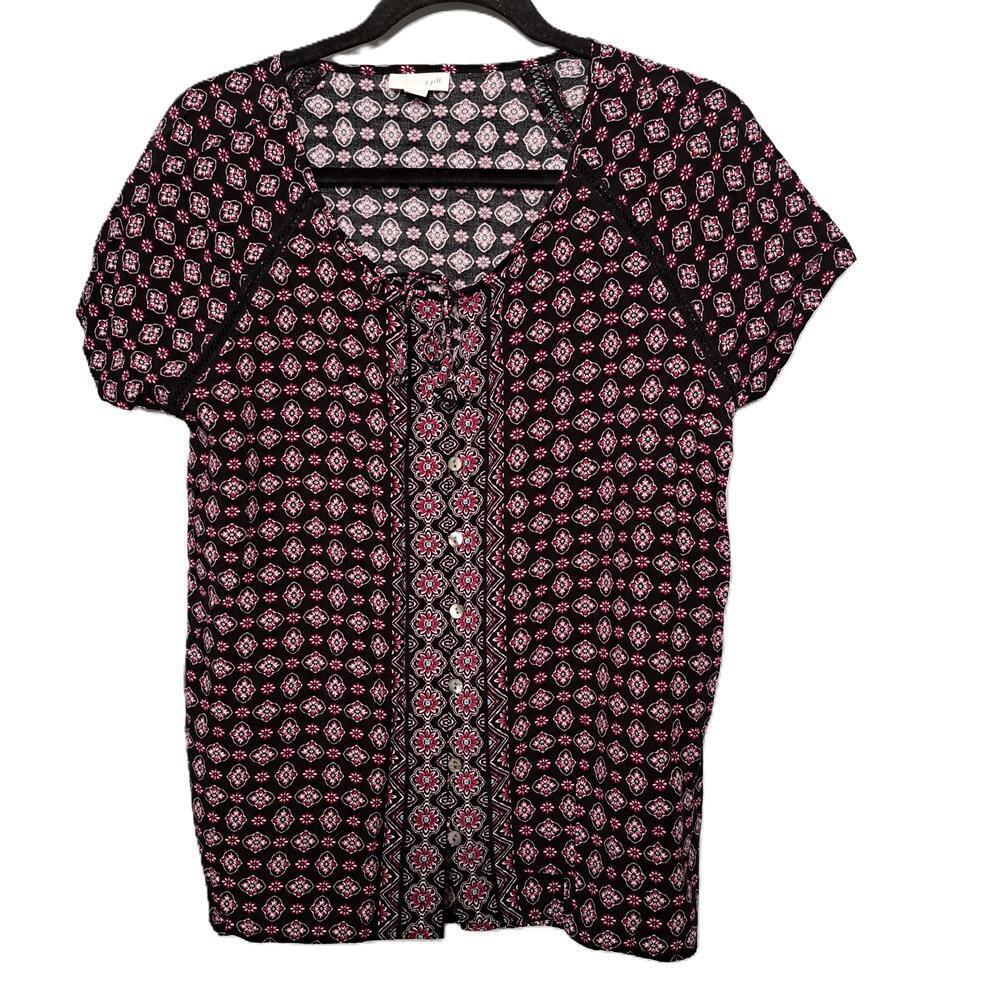 J. Jill Women's Black Floral Print Short Sleeve Peasant Top Blouse Size M